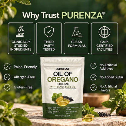 PURENZA OREGANO & BLACK SEED OIL — SOOTHES SKIN & SCALP FROM THE INSIDE OUT